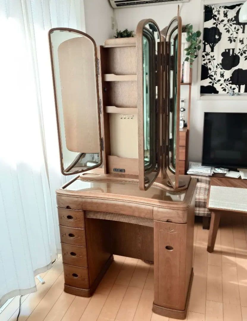 【送料込み】　天然木ドレッサー　鏡台　三面鏡　アンティーク　大塚化学　化粧台