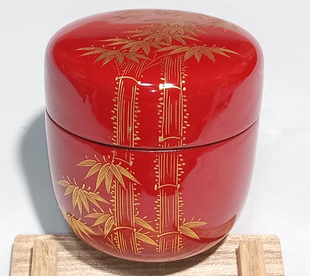 茶道具　伝統工芸加賀漆芸　朱漆塗沈金細工棗　朱漆塗沈金彫竹林文中棗　超美品！！