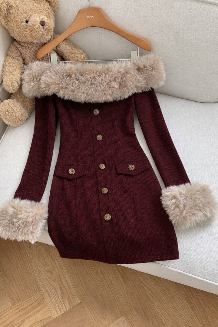 miu系穿搭 オフショル ファー ワンピース ファー 韓国 ワンホン 量産型