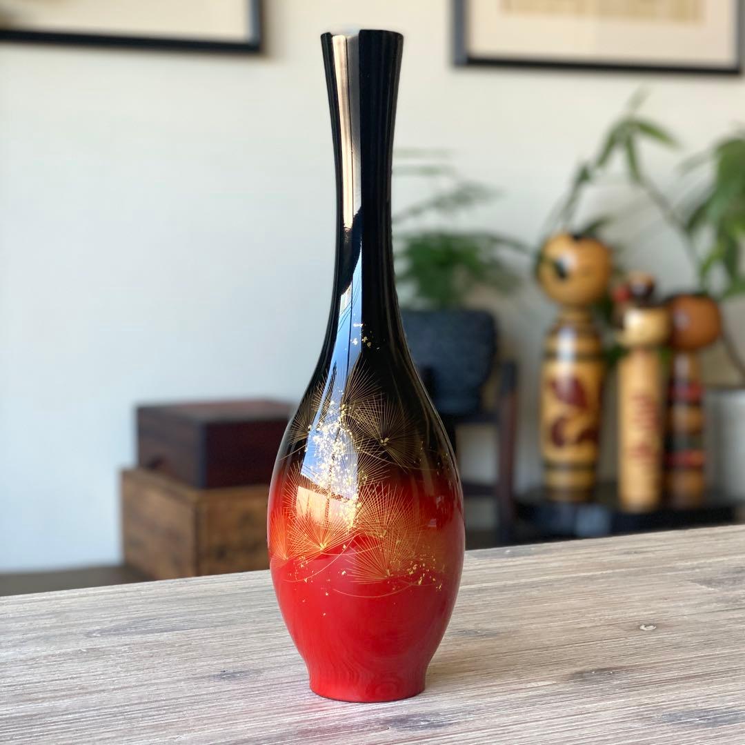 輪島塗　黒朱　花器　一輪挿し　花瓶　鶴首型　沈金　ぼかし塗