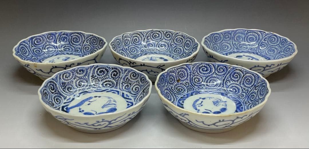 古伊万里　染付　蛸唐草文　松竹梅　膾皿　なます皿　5客　Ka334