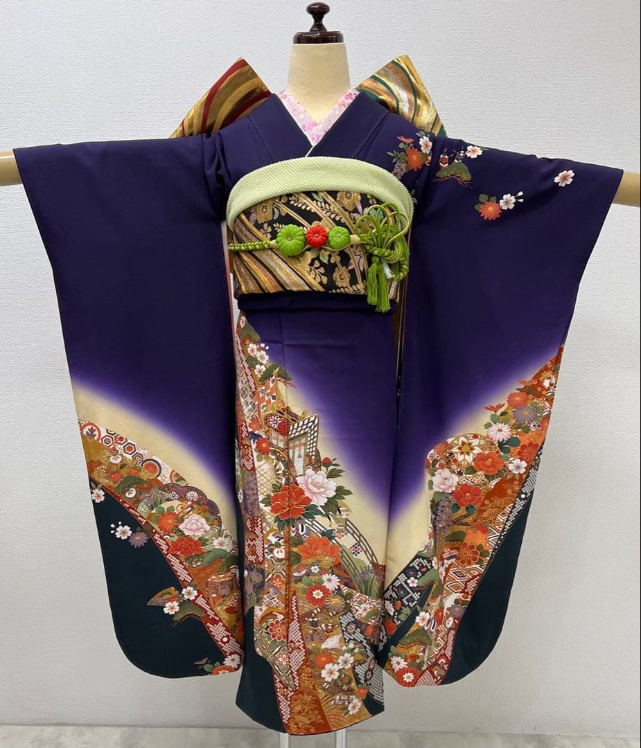 振り袖　フルセット　長襦袢付　成人式　金彩加工　刺繍入り　全通袋帯　727