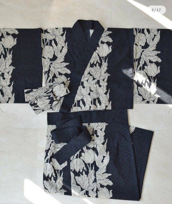 ネイビー 花柄 浴衣 帯付 セパレート 二部式浴衣3点セット