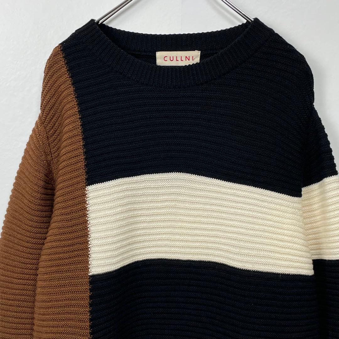 CULLNI ブロックパターン　切替リブ編みクルーネックニットセーター