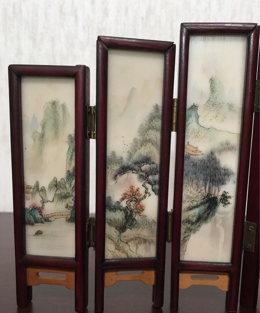 ★中国美術工芸品　天然石　ミニ屏風　両面飾り　風景画　花画