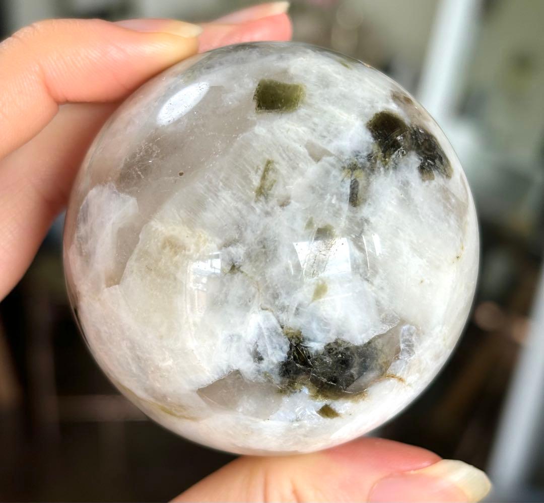 レア　高品質　ムーンストーン　グリーントルマリンマイカ　スフィア