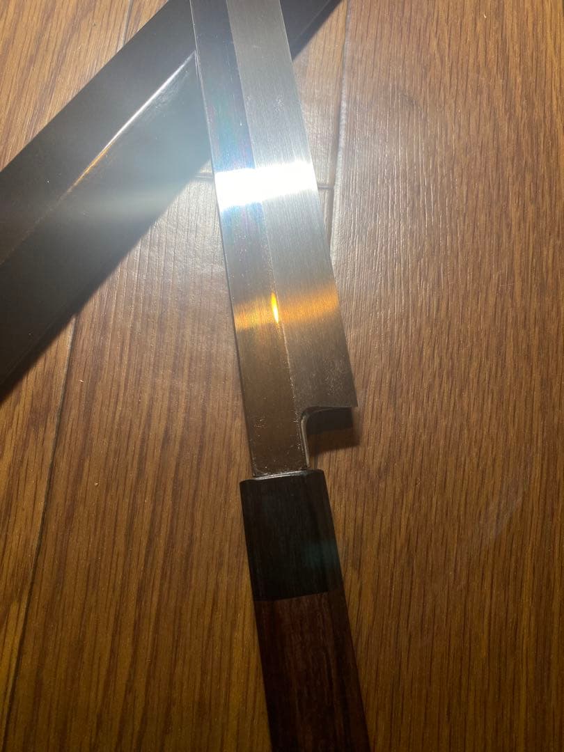 V金本焼 先丸タコ引包丁 和包丁 本焼 反り有り　刃渡り　尺一　 鏡面 鞘