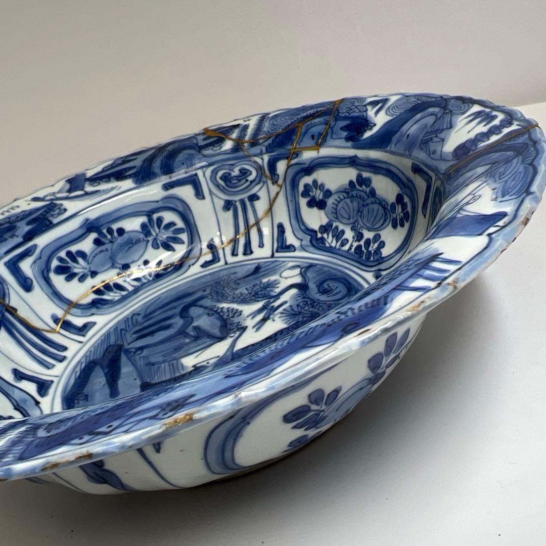 中国明時代　古染付芙蓉手カブト鉢　幅約22.5㎝　東Y8-0108☆2Fタルオ