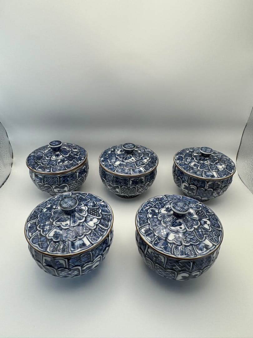 京焼 清水焼 壹楽 菊彫祥瑞 蓋付 お茶呑茶碗 5客 湯飲み 壱楽 湯呑みno2