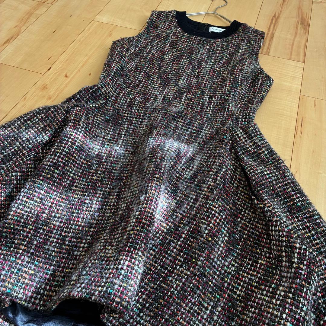 【クリスチャンディオール】ワンピース ノースリーブ ツイード ラメ マルチカラー