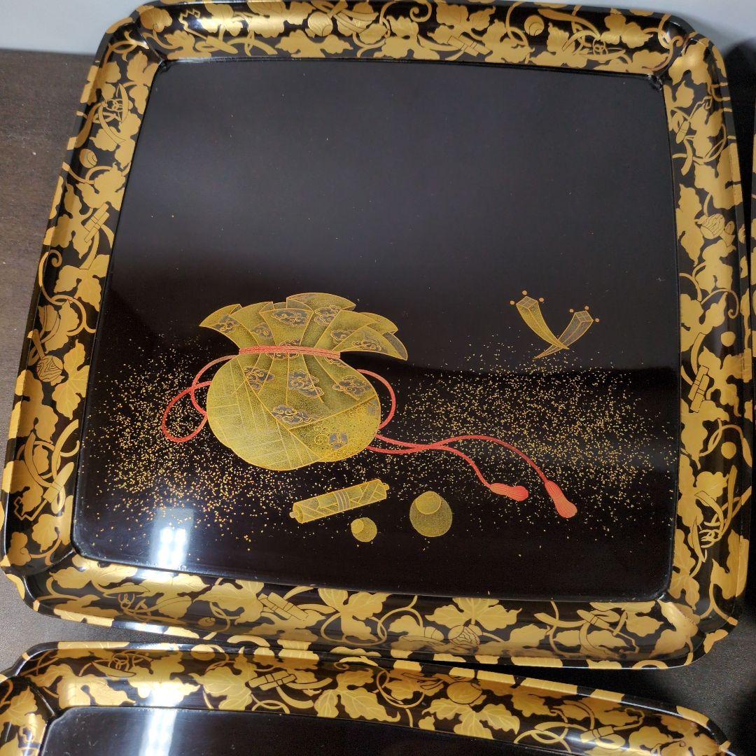 T*i様 時代 金銀蒔絵 宝尽し唐草文 足付き 盆 五客