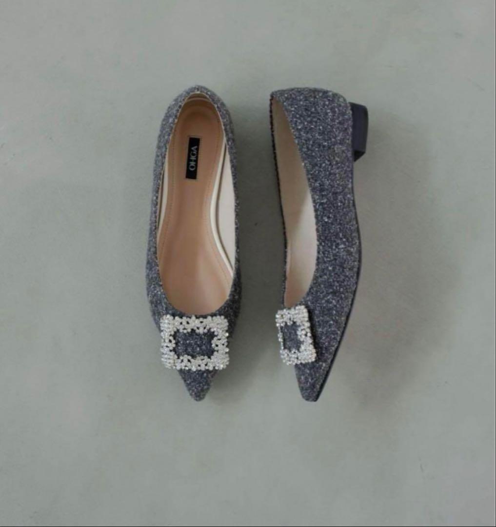 OHGA ビジュー付きポインテッドツイードフラットシューズ