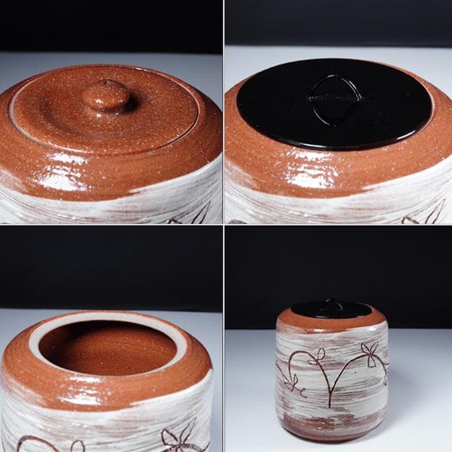 大樋年朗　刷毛目草花水指　堀内宗完御書付　塗蓋朱書き花押　共箱　茶道具