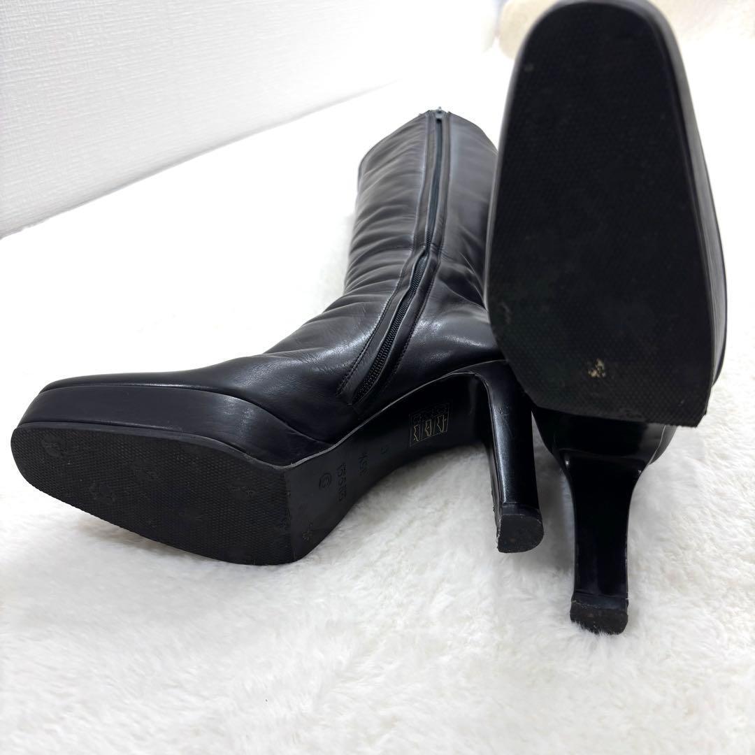 グッチ　ロング ブラック レザー ブーツ　厚底　22.5〜23.0cm　本革