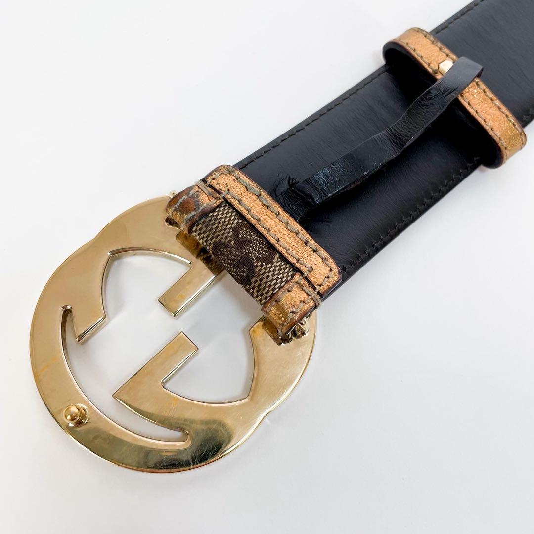 美品✨ グッチ ベルト インターロッキング GGキャンバス レザー ゴールド金具