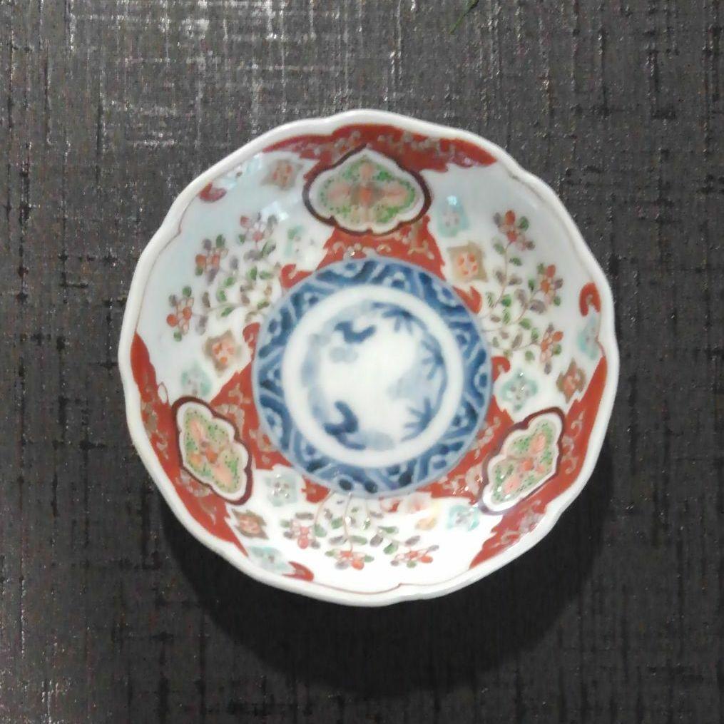 古伊万里上手　染錦窓絵草花紋皿五枚揃え