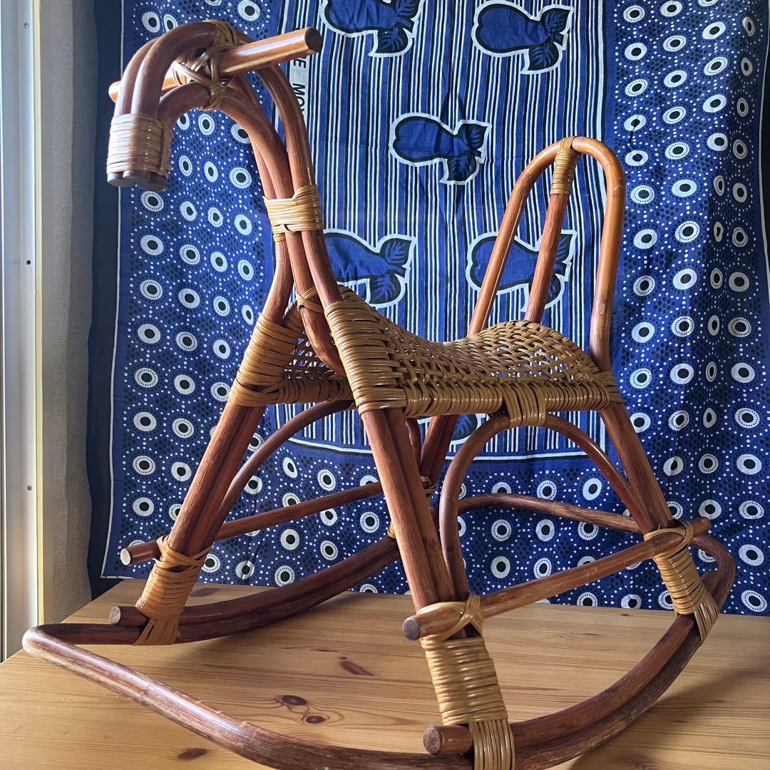 ヴィンテージ　ラタン　ロッキングホース　籐製　昭和レトロ　昭和インテリア