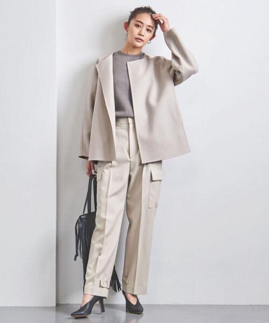 ユナイテッドアローズ／春先に♪ウールリバーノーカラー ショートコート グレージュ