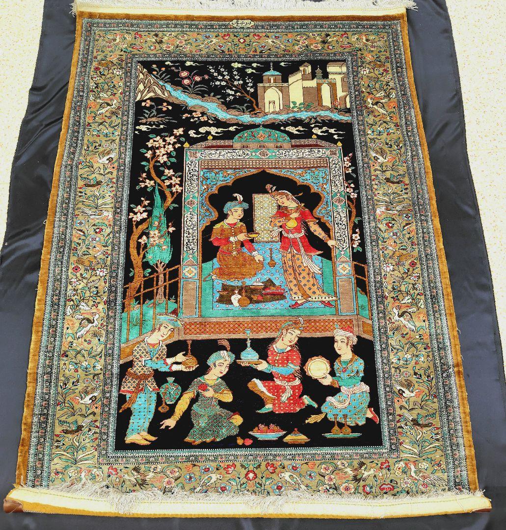 【酒宴はお城の庭で】ペルシャ絨毯　シルク手織り　ふたりの王子4人の召使い