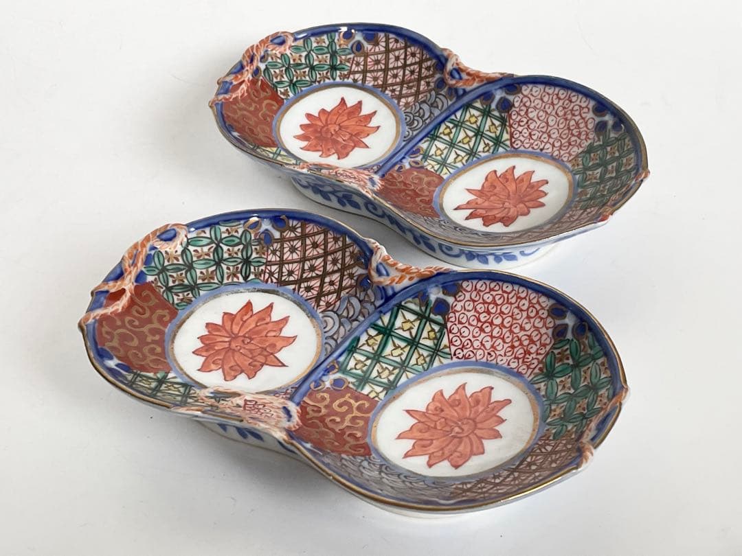 骨董　アンティーク　色絵　祥瑞　金襴手　双菊　瓢箪　向付　変形皿　2枚組