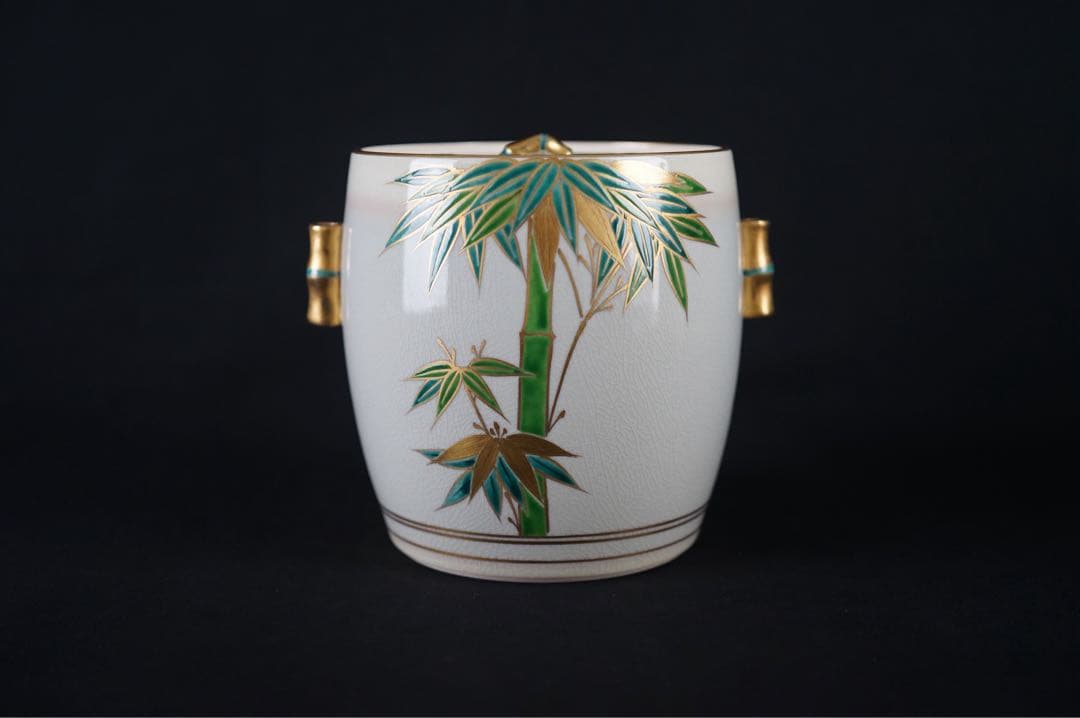 平安 京焼 手塚桐鳳 仁清写 竹絵付 竹形耳付 水指 共箱 茶道具