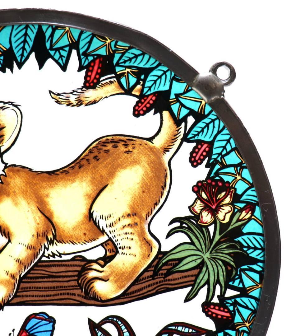 ライオンの赤ちゃんと蝶々 ヴィンテージ ステンドグラス アニマル バタフライ