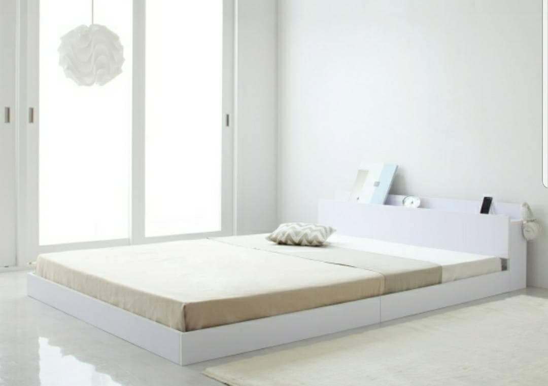 ダブル 棚コンセント付き シンプルモダンフロアベッド ホワイト 6-6