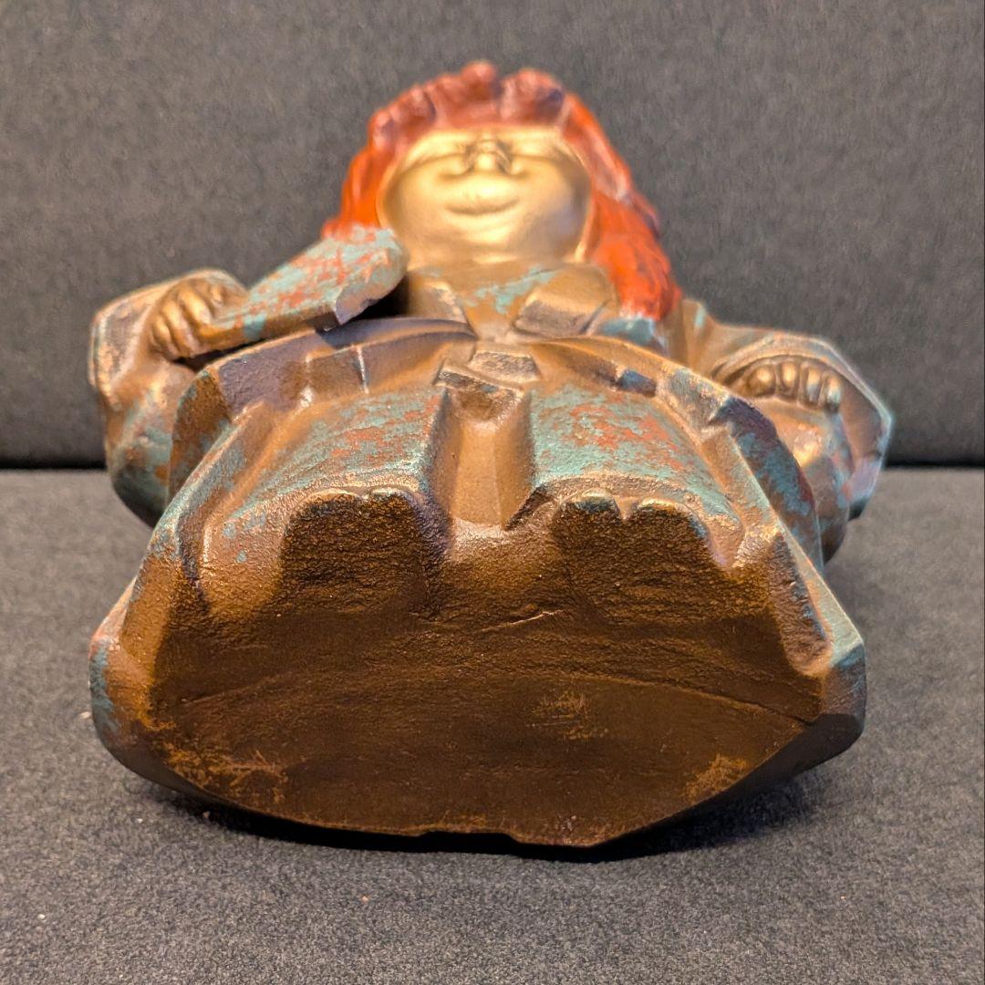 和装 童子像 扇子持ち 金属製 置物 鋳造刻印あり ブロンズ調 古美術風