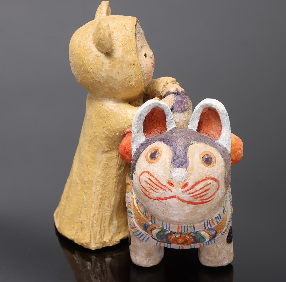 林義雄 作『犬張子と子供』箱無 童塑 陶人形 ＹＯＳＨＩＯ Ｈ 童画家 絵本画家