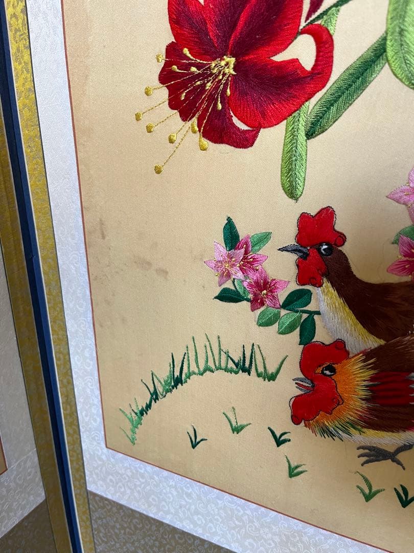 中国 刺繍屏風 刺繍絵 古美術 インテリア 骨董 アンティーク 花 鳥 動物