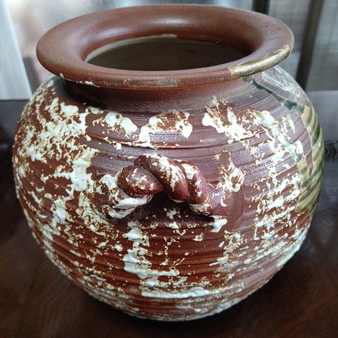 陶器製 花器 取っ手付き 茶色と白のストライプ
