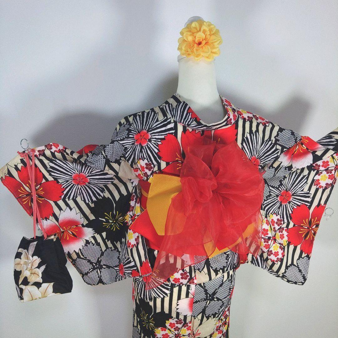 レディース　浴衣　セット　身丈164cm　ストライプ　花柄　作り帯　赤黄　兵児帯