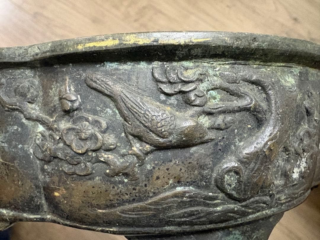 銅器　小振り　水盤　砂鉢　華道　花器　煎茶道具　茶室　花鳥図 古銅製 時代物