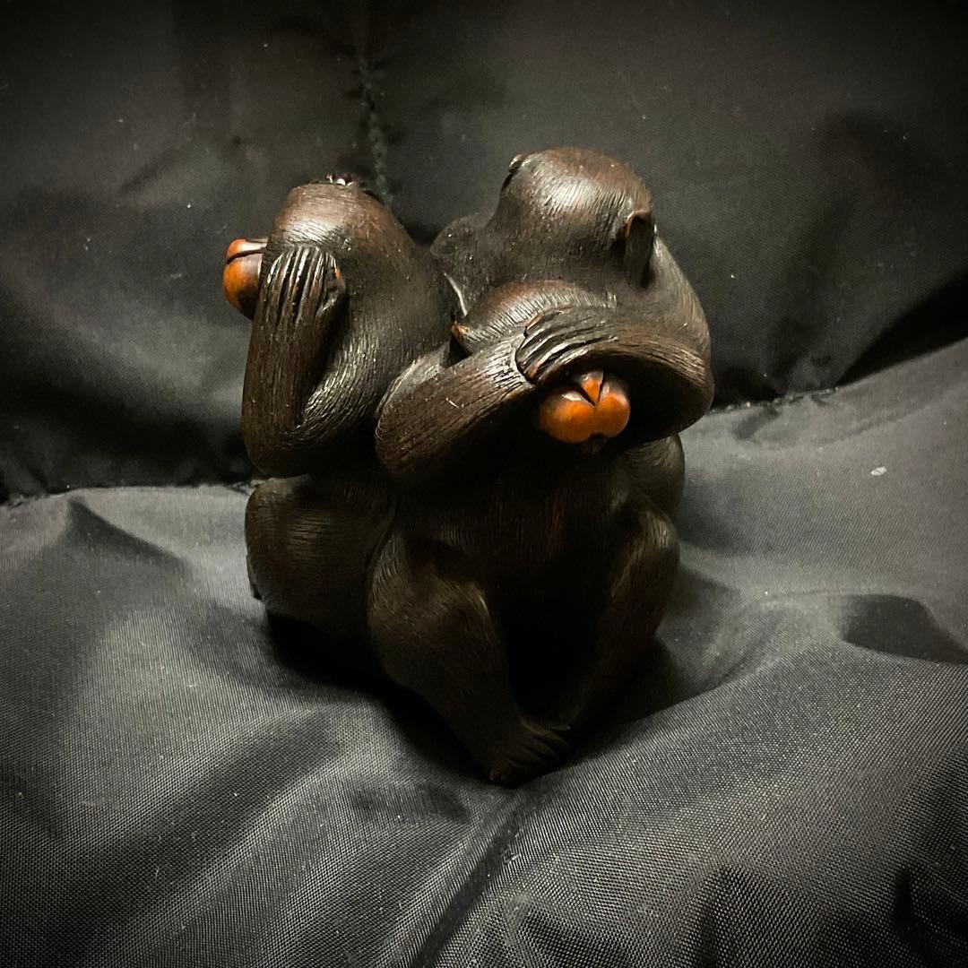 三猿　「見ざる、言わざる、聞かざる」彫銘「光一」置物根付