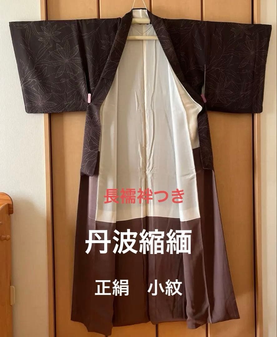 丹波縮緬　小紋 着物 ダークグレー 葉柄刺繍　長襦袢（着物と同サイズ）　セット