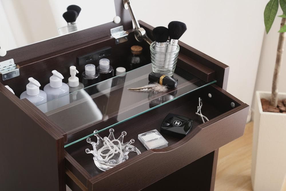 新品 送料込 コンパクト収納ドレッサー スツール 2点セット コンセント付き