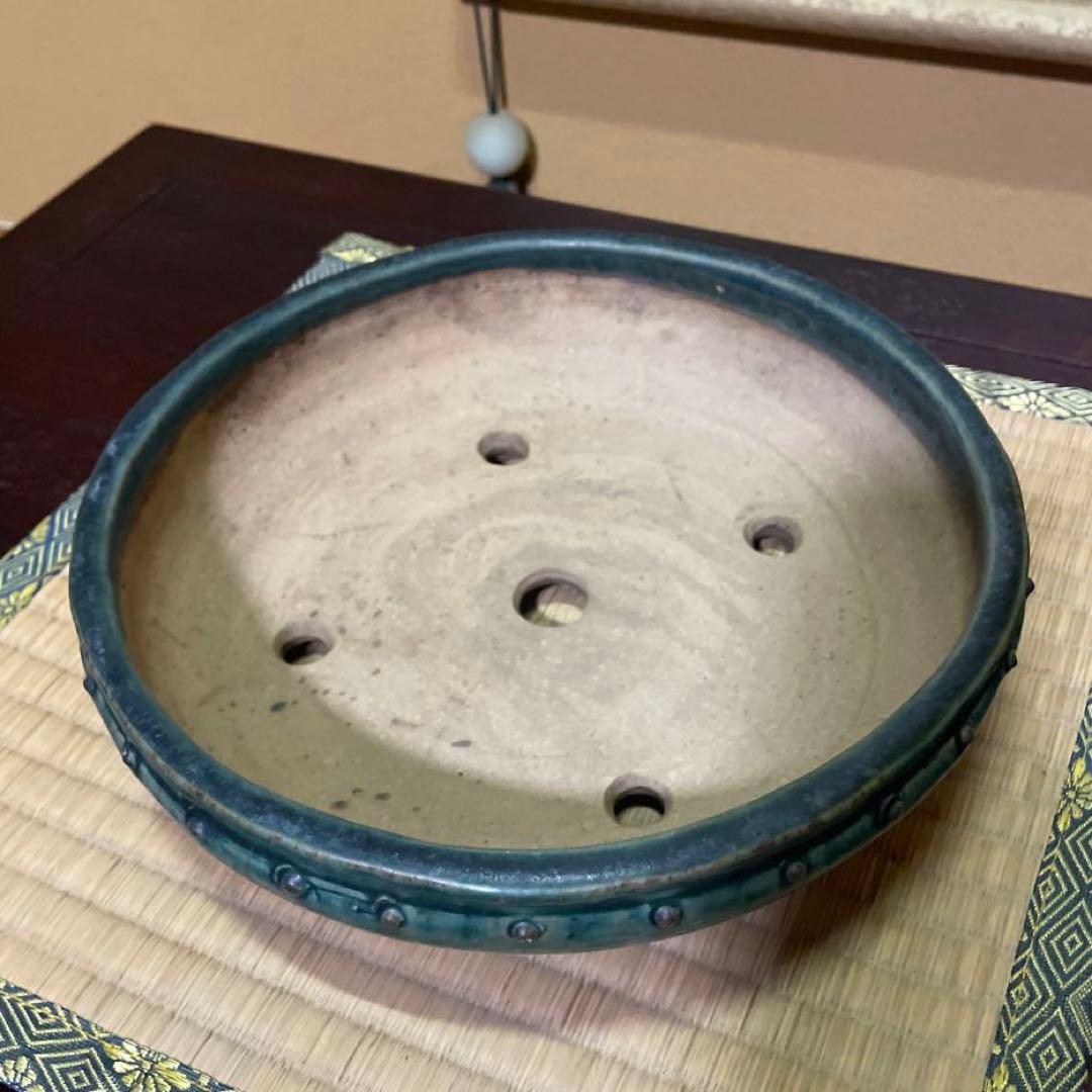【落款あり】秀峰 鋲打外縁丸太鼓鉢 緑釉 盆栽鉢 丸型鉢 24cm