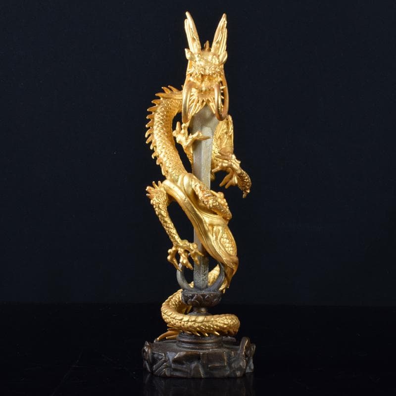 仏教美術　古銅鍍金　龍神　倶利伽羅大龍　不動明王　置物　時代箱付　M　7049