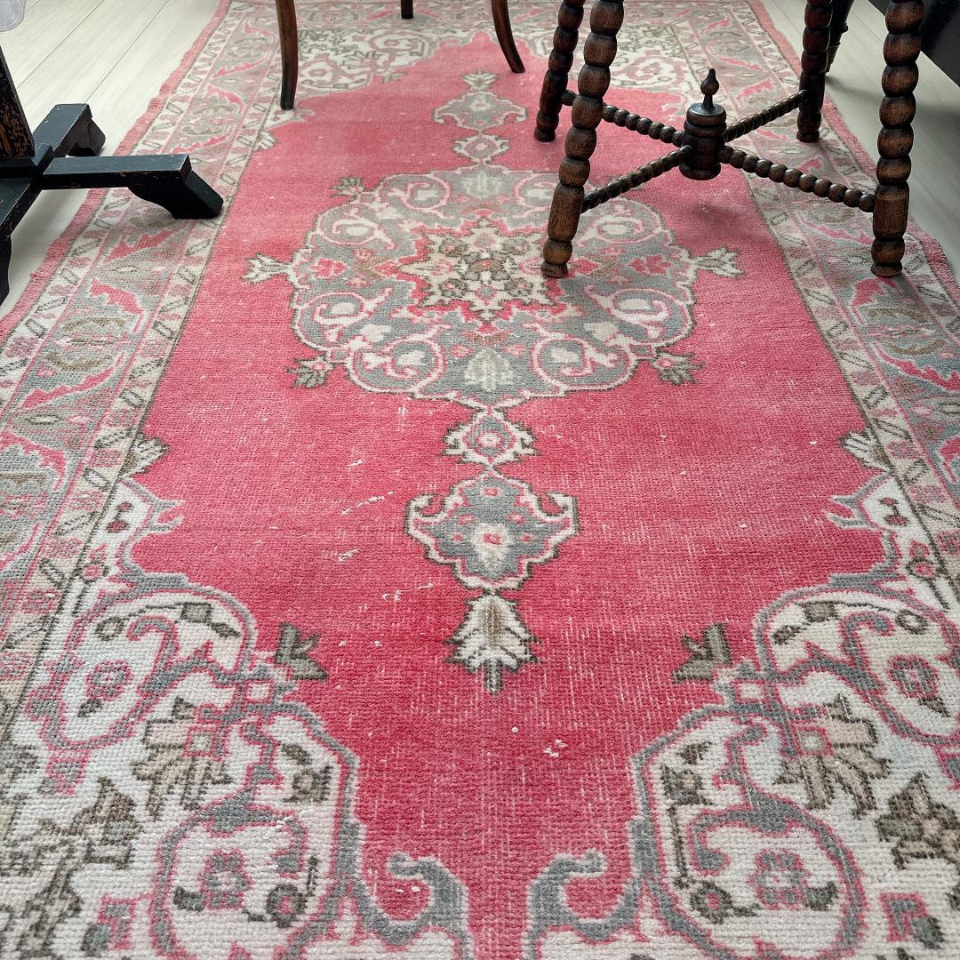 トルコヴィンテージラグ A65 コーラル レッド ネイビー ブルーグレー