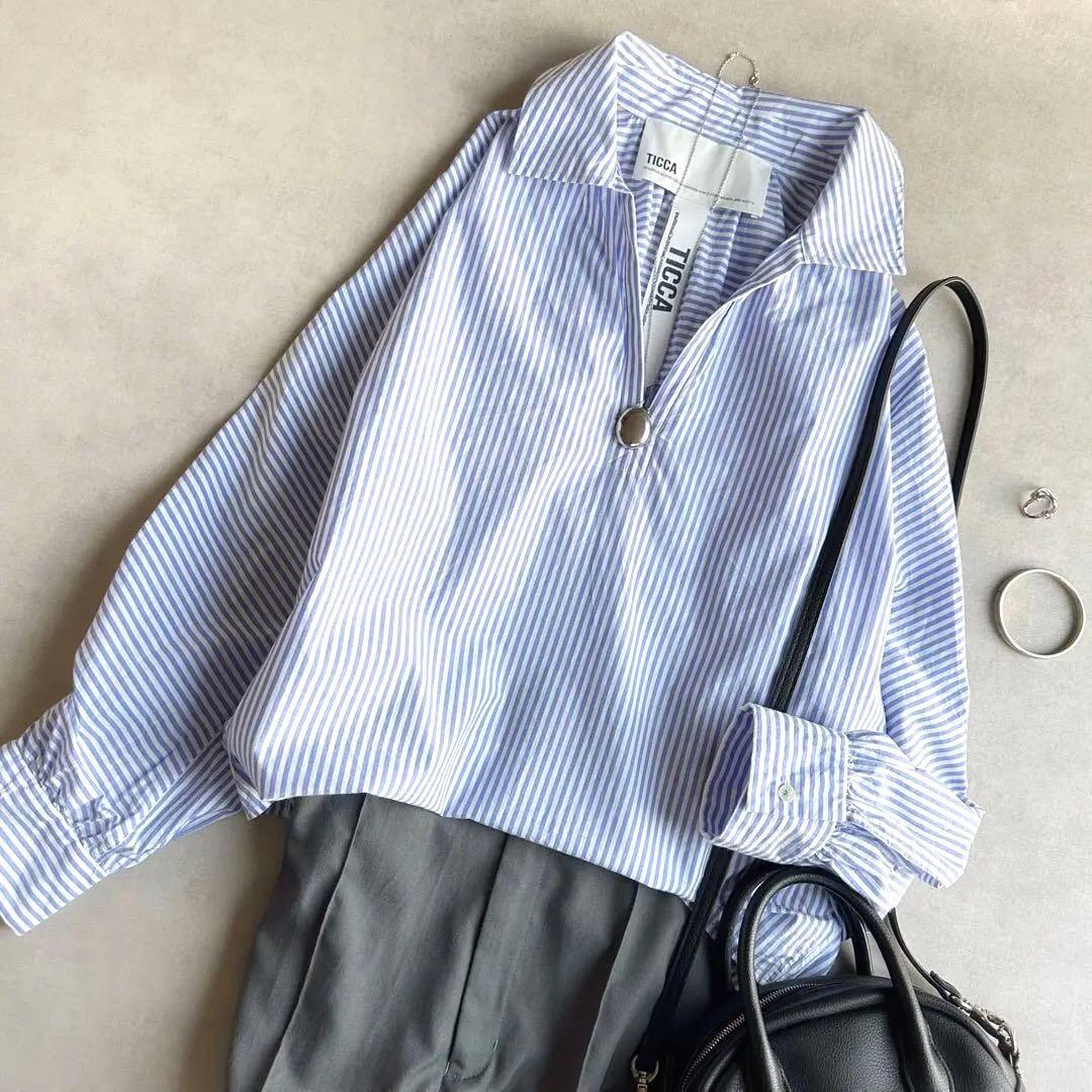 美品▲TICCA //ブルーストライプ長袖シャツ▲スキッパー プルオーバー