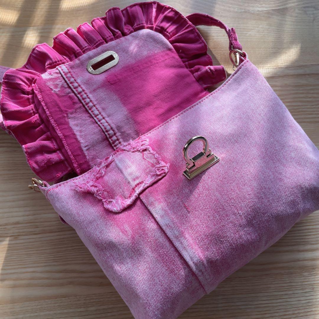 デニムリメイク ピンク フリル ショルダー