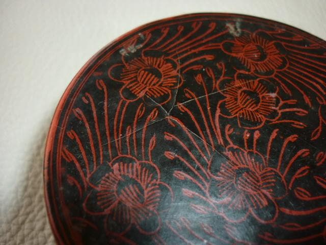 美品1800年前期 チャクリー王朝◆タイ タイルー族 漆器線彫り草花紋様 茶箱