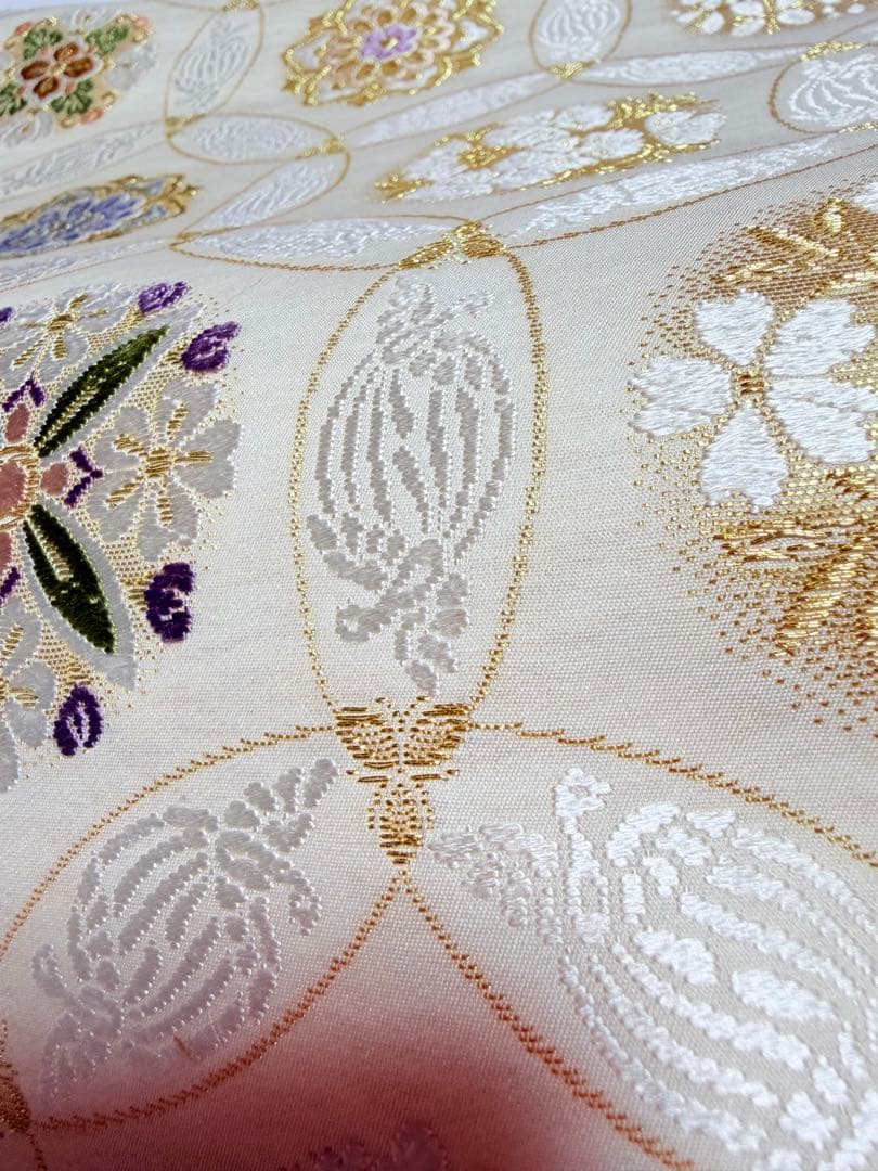 高級 袋帯 正絹 六通柄 七宝柄 ホワイト シルバー 唐織 訪問着