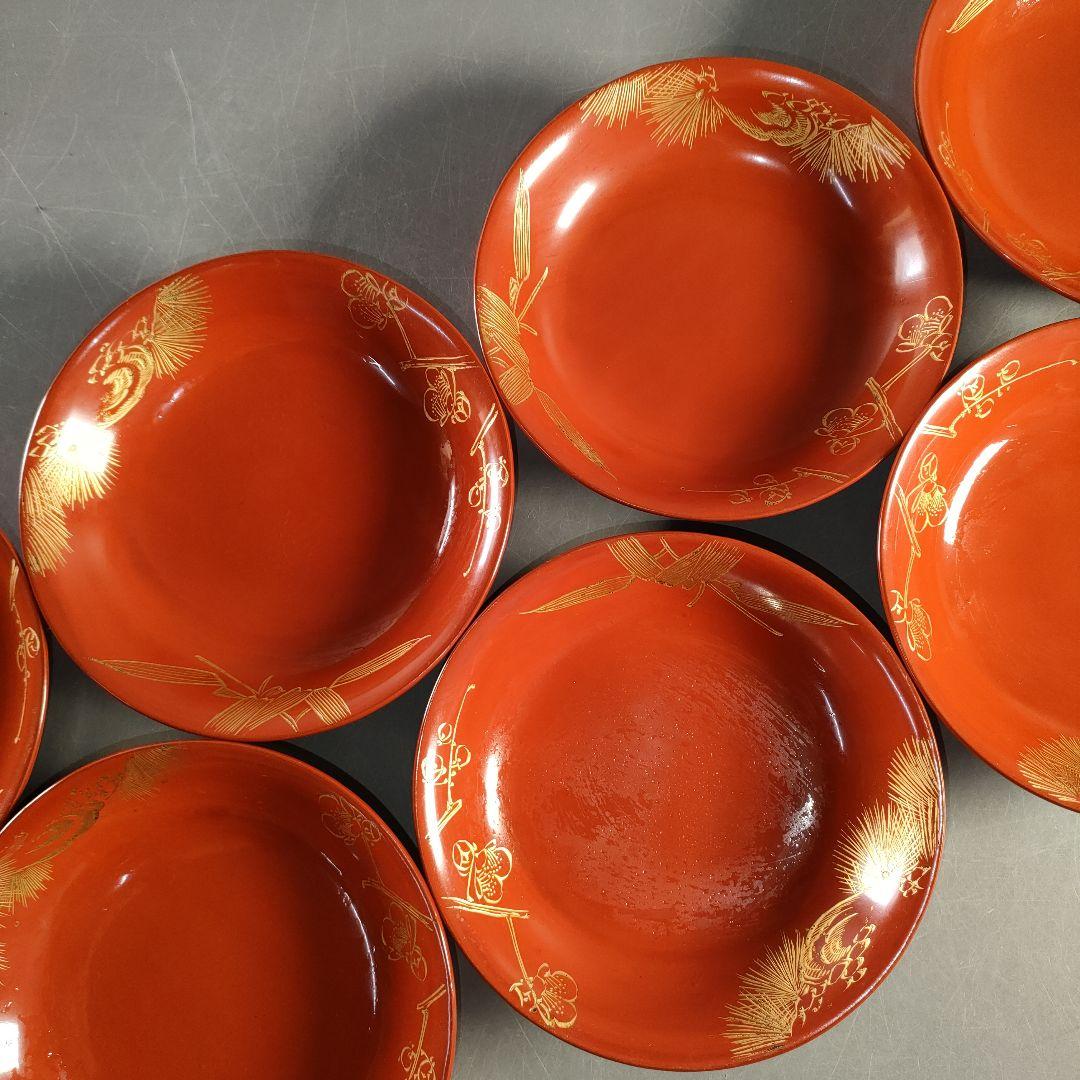 A1375-5/輪島塗/金彩松竹梅堀画輪島朱色木皿20客/向付/懐石道具/銘々皿