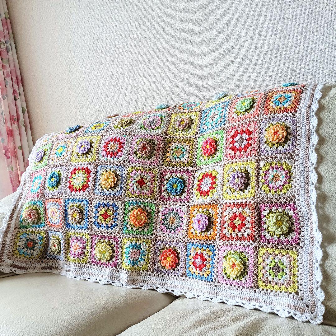 手編みブランケット★お花モチーフ★グラニースクエア★コットン★カラフル★かぎ針編