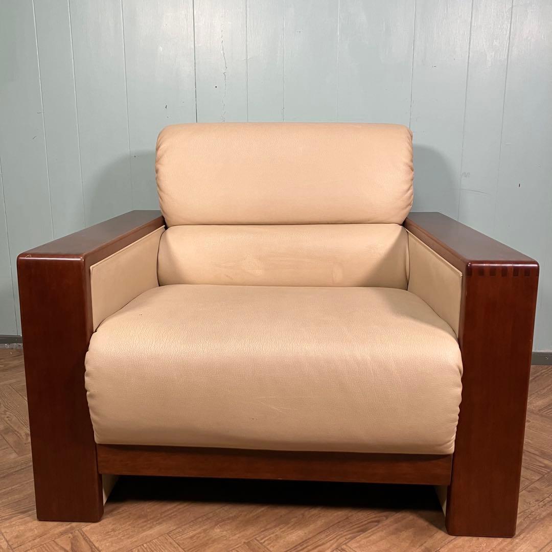 ♦︎maruni ♦︎マルニ 1人掛け　昭和レトロ ソファー 革　木目調　B