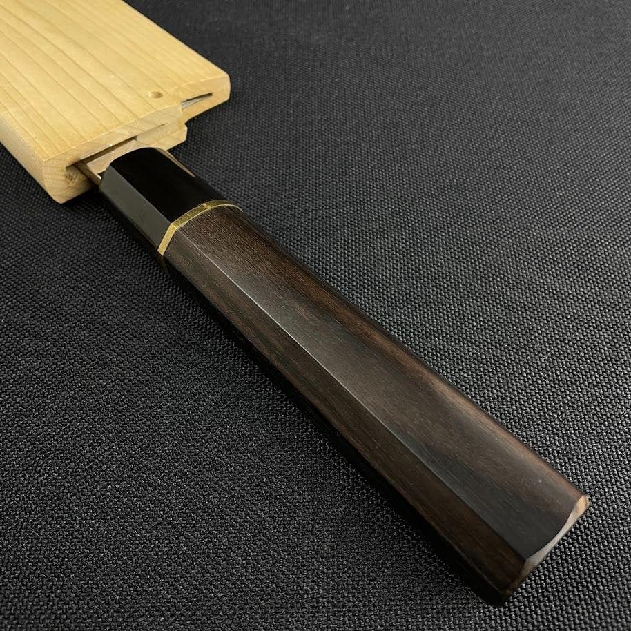 ほぼ未使用●丸越産業 鱧切り包丁● 本焼き 鏡面仕上げ 黒檀柄 白木鞘 合金鋼