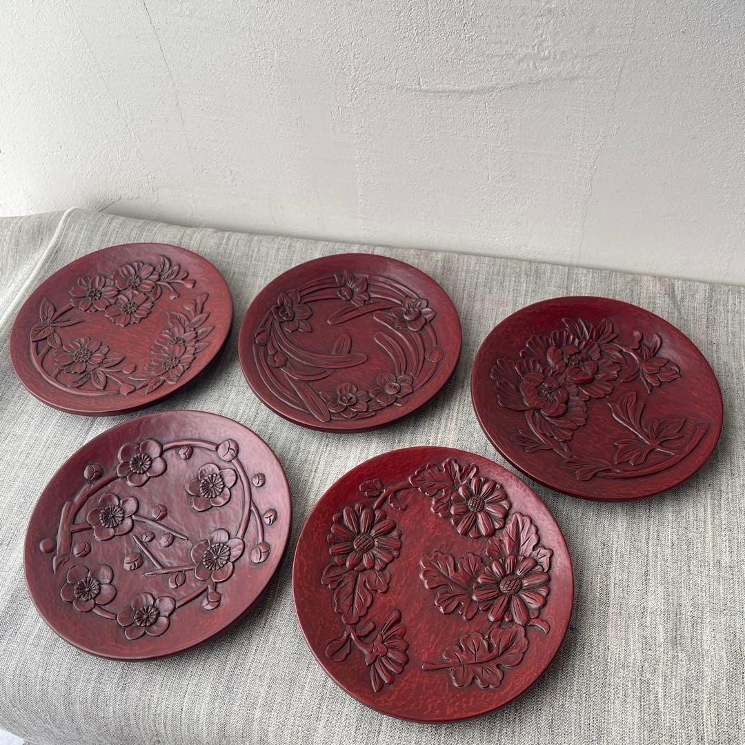 確認用　鎌倉彫　八重桜　サクラ　漆器　木製　木彫り　菓子皿　5寸皿