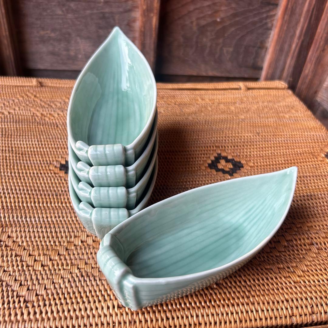 ※箱なし深川製磁　百年庵　笹青磁　笹舟取皿揃　５枚 小鉢 刺身皿 盛り付け皿