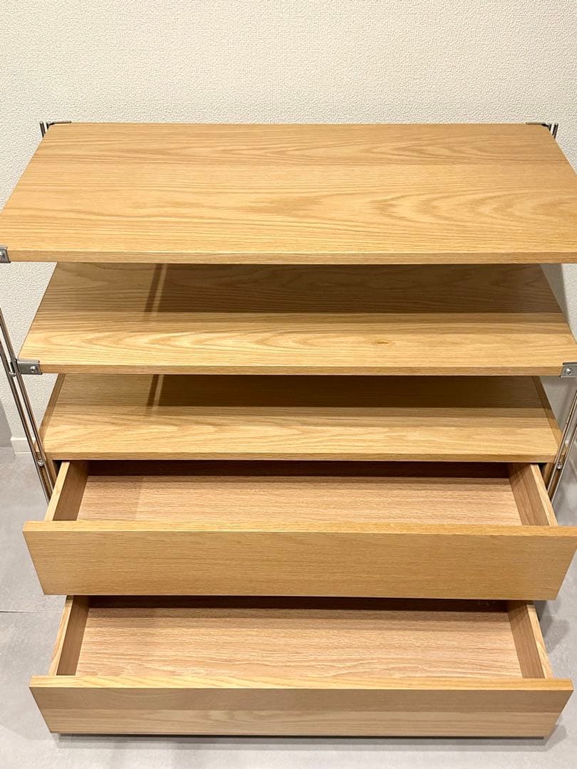 無印良品　ステンレスユニットシェルフ　オーク材棚セット　ワイド　小　引出し・２段